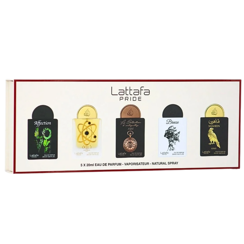 LATTAFA PRIDE PERFUME SET OF 5 X 20ML (Affection, Tharwah Gold, La Collection Watch, Breeze, Shaheen Gold)