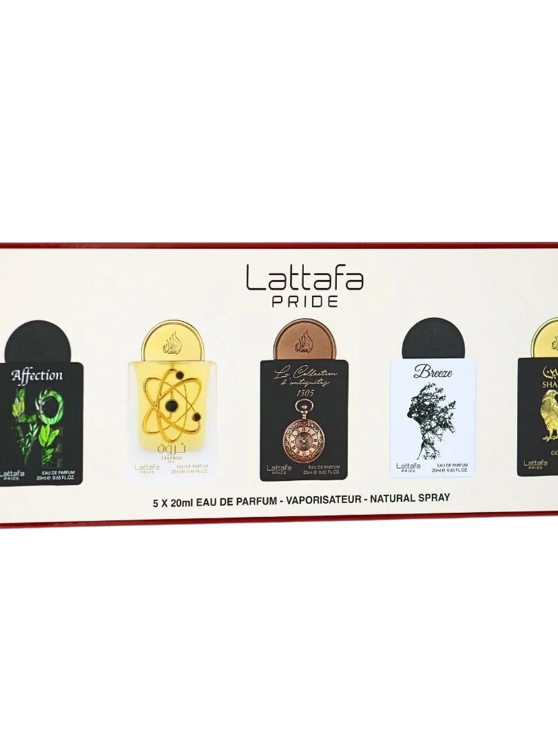 LATTAFA PRIDE PERFUME SET OF 5 X 20ML (Affection, Tharwah Gold, La Collection Watch, Breeze, Shaheen Gold)