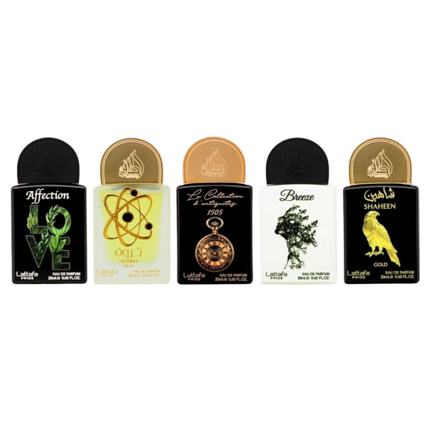 LATTAFA PRIDE PERFUME SET OF 5 X 20ML (Affection, Tharwah Gold, La Collection Watch, Breeze, Shaheen Gold)