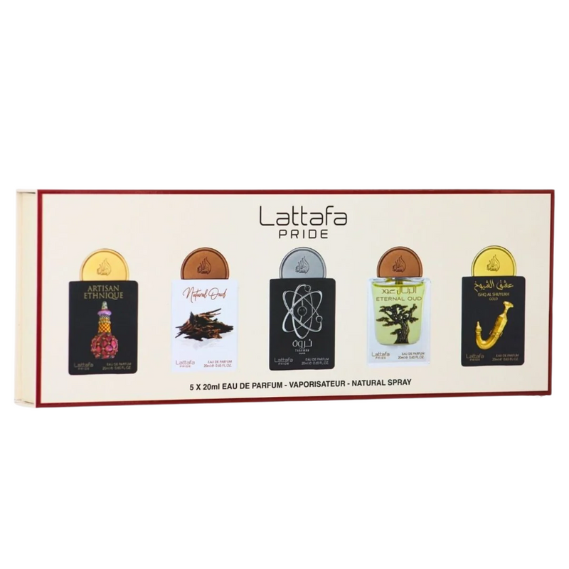 LATTAFA PRIDE PERFUME SET 20ML (Artisan Ethnique, Natural Oud, Tharwah Silver, Eternal Oud, Ishq Al Shayukh Gold)
