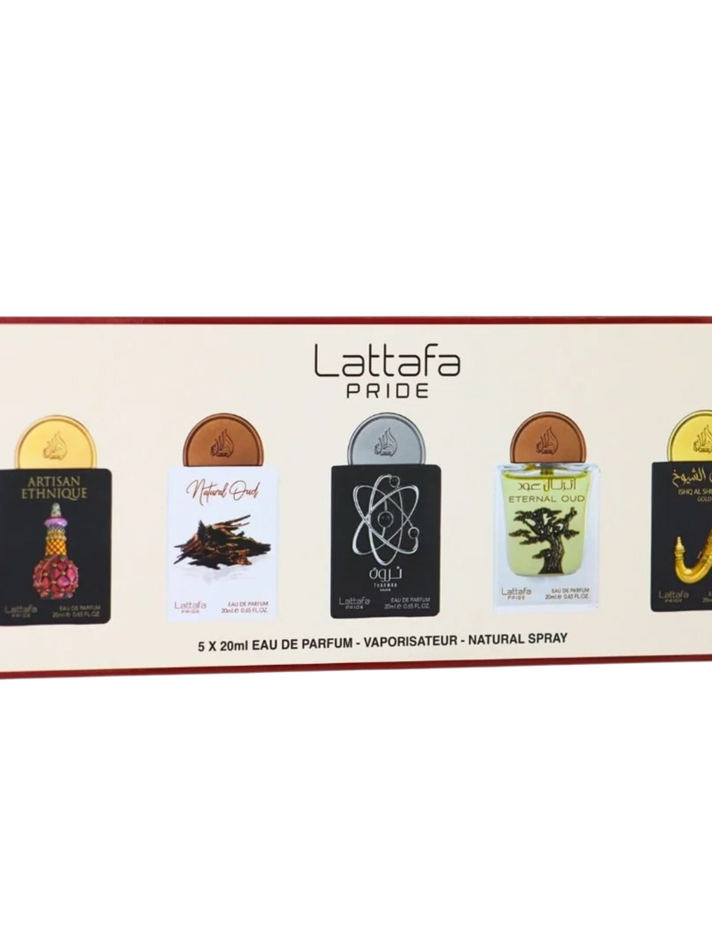 LATTAFA PRIDE PERFUME SET 20ML (Artisan Ethnique, Natural Oud, Tharwah Silver, Eternal Oud, Ishq Al Shayukh Gold)