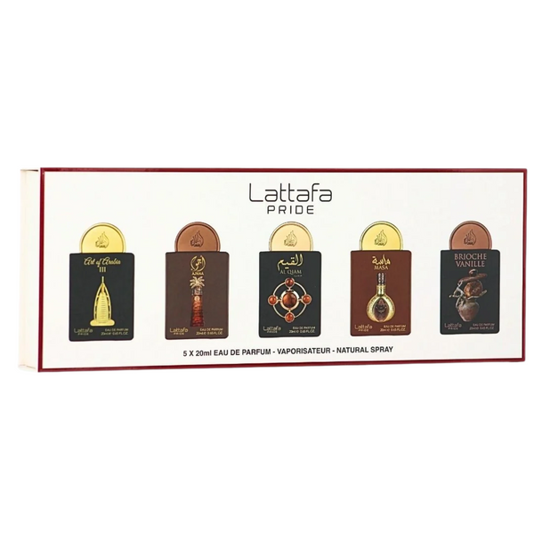 LATTAFA PRIDE PERFUME SET OF 5 X 20ML (Art of Arabia 3, Ajwaa, Al Qiam Gold, Masa, Brioche Vanille)