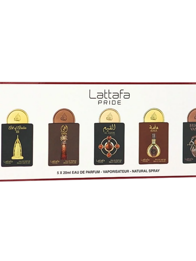 LATTAFA PRIDE PERFUME SET OF 5 X 20ML (Art of Arabia 3, Ajwaa, Al Qiam Gold, Masa, Brioche Vanille)