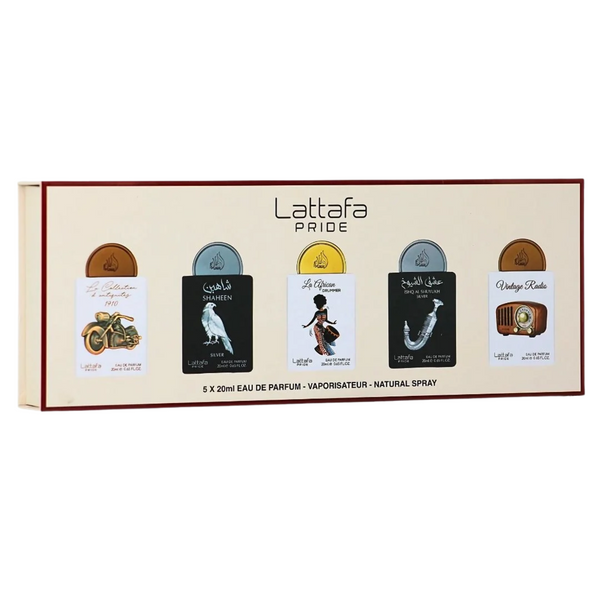 LATTAFA PRIDE PERFUME SET OF 5 X 20ML (La Collection Bike, Shaheen Silver, La African Drummer, Ishq Al Shayukh Silver, Vintage Radio)