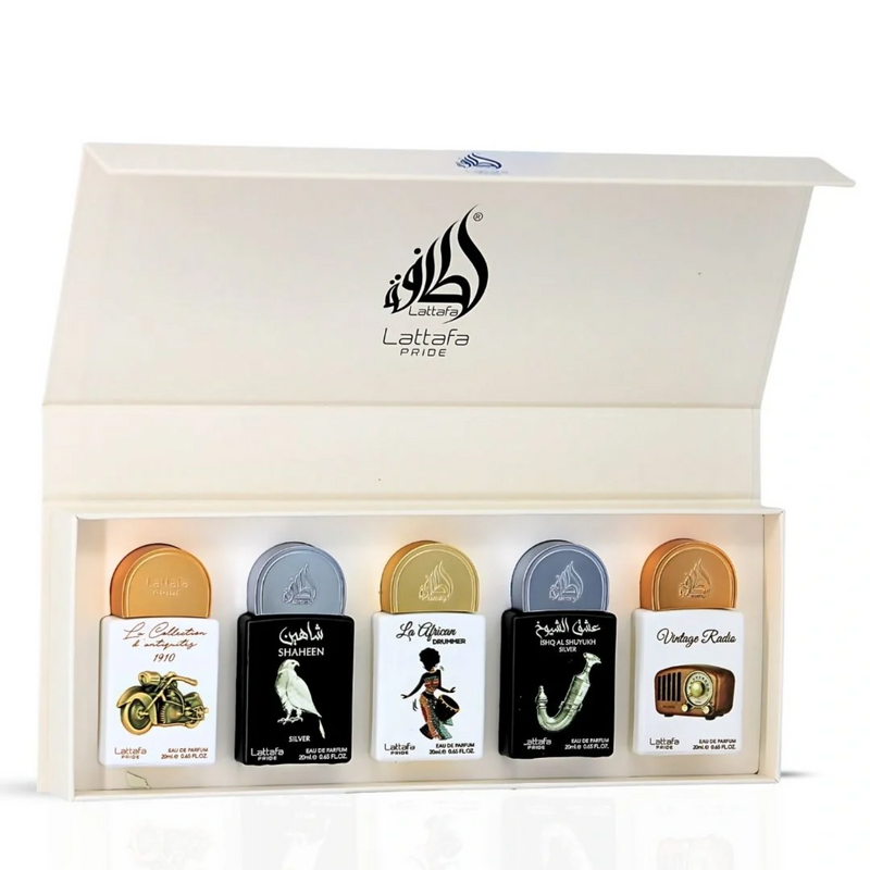 LATTAFA PRIDE PERFUME SET OF 5 X 20ML (La Collection Bike, Shaheen Silver, La African Drummer, Ishq Al Shayukh Silver, Vintage Radio)