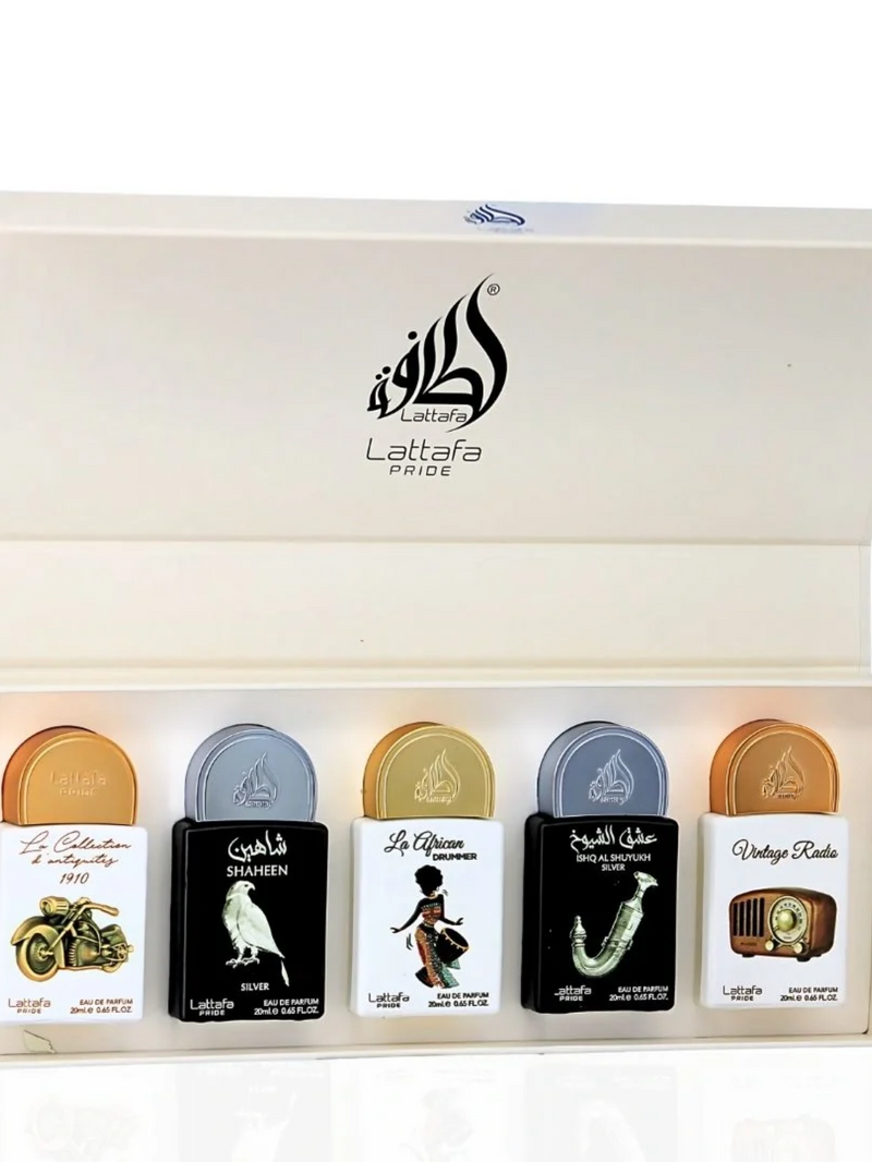 LATTAFA PRIDE PERFUME SET OF 5 X 20ML (La Collection Bike, Shaheen Silver, La African Drummer, Ishq Al Shayukh Silver, Vintage Radio)