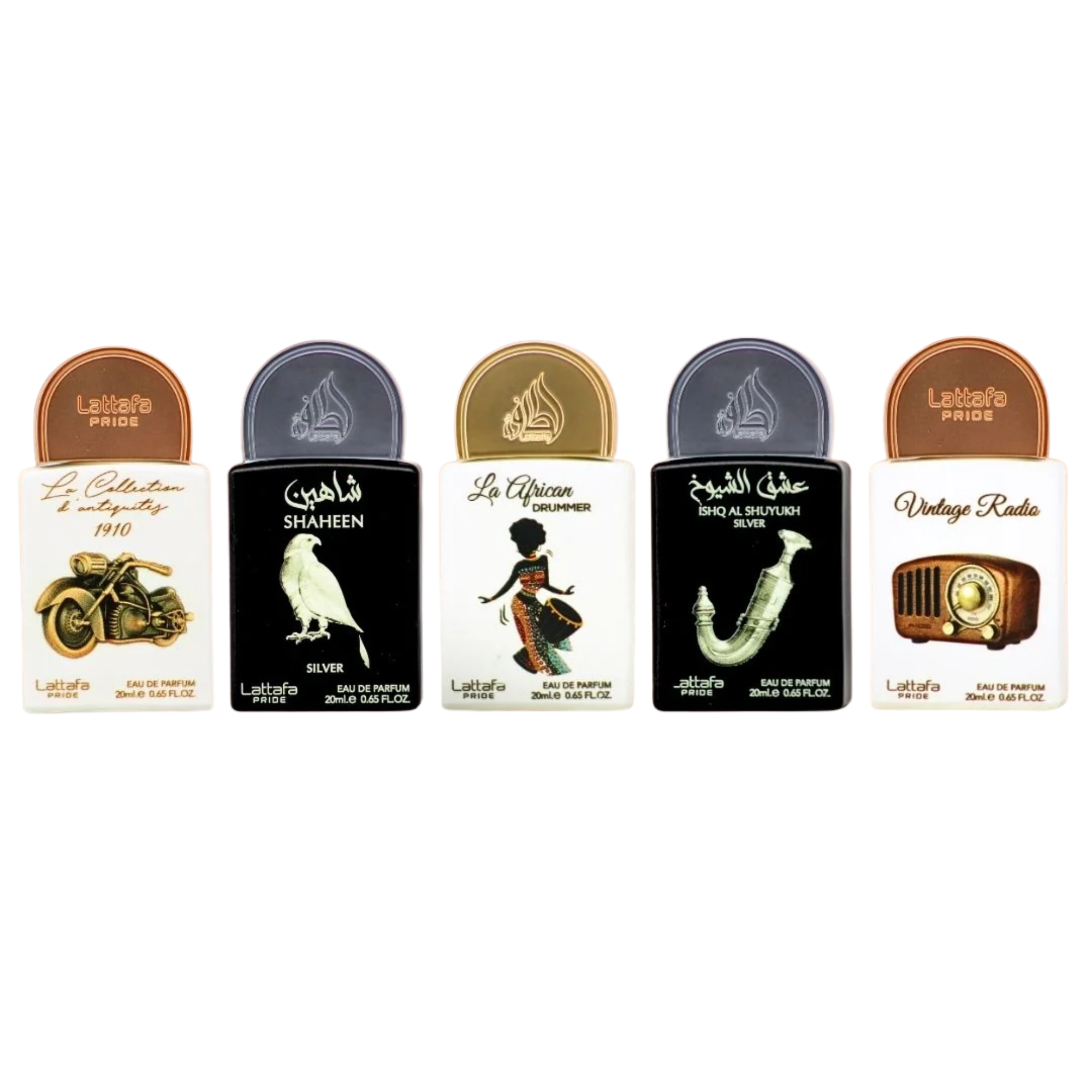 LATTAFA PRIDE PERFUME SET OF 5 X 20ML (La Collection Bike, Shaheen Silver, La African Drummer, Ishq Al Shayukh Silver, Vintage Radio)