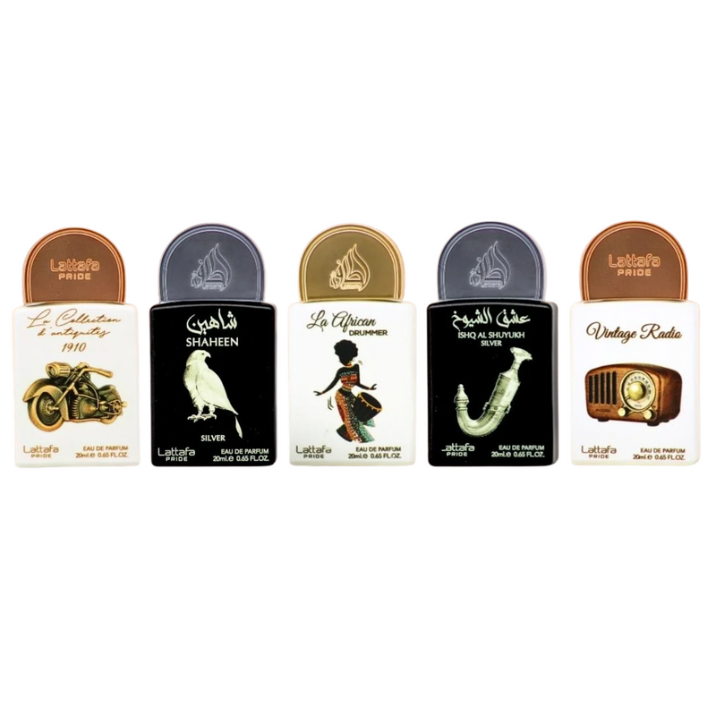 LATTAFA PRIDE PERFUME SET OF 5 X 20ML (La Collection Bike, Shaheen Silver, La African Drummer, Ishq Al Shayukh Silver, Vintage Radio)