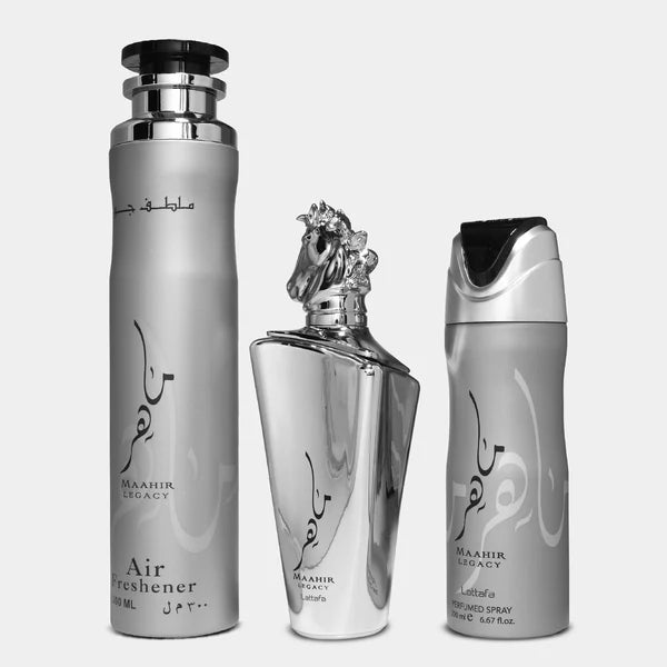 GIFT SET 3 PCS - MAAHIR LEGACY (EDP 100ML, DEO 200ML , AIR FRESHENER 300ML)